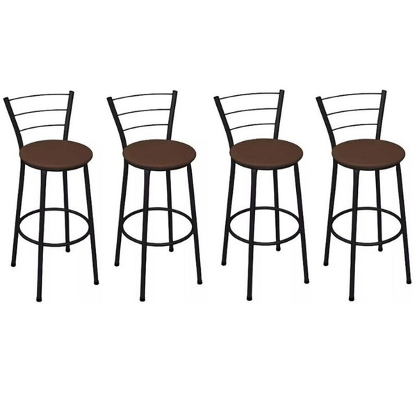 Kit 4 Banquetas Altas Preta Com Encosto Assento Marrom