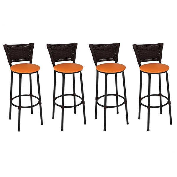 Kit 4 Banquetas Altas Preta Com Encosto Junco Argila Assento