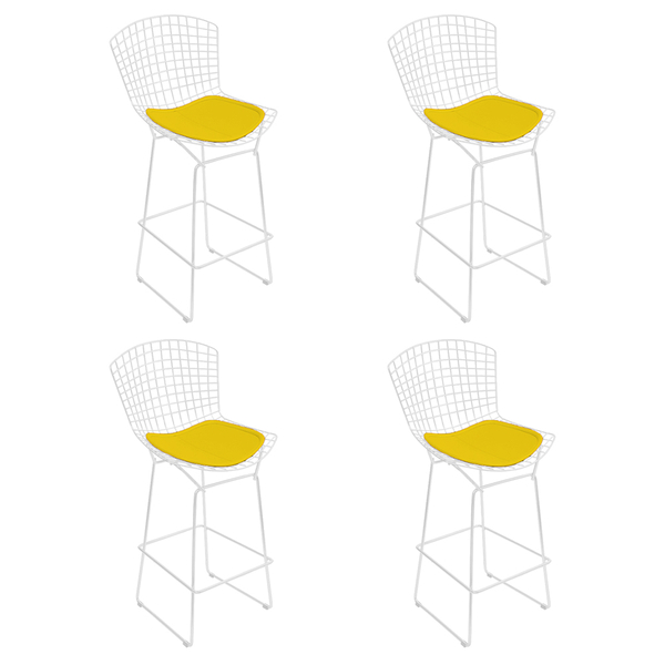 Kit 4 Banquetas Bertoia Branca D60 Com Assento Amarelo