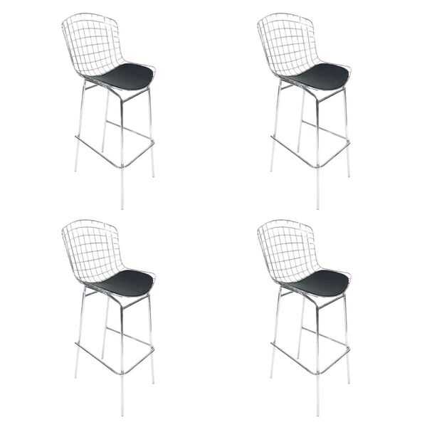 Kit 4 Banquetas Bertoia Cromada Assento Preto Tubular Altura