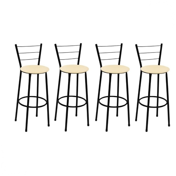 Kit 4 Banquetas Médias Preta Com Encosto Assento Bege