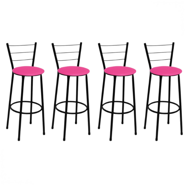 Kit 4 Banquetas Médias Preta Com Encosto Assento Rosa