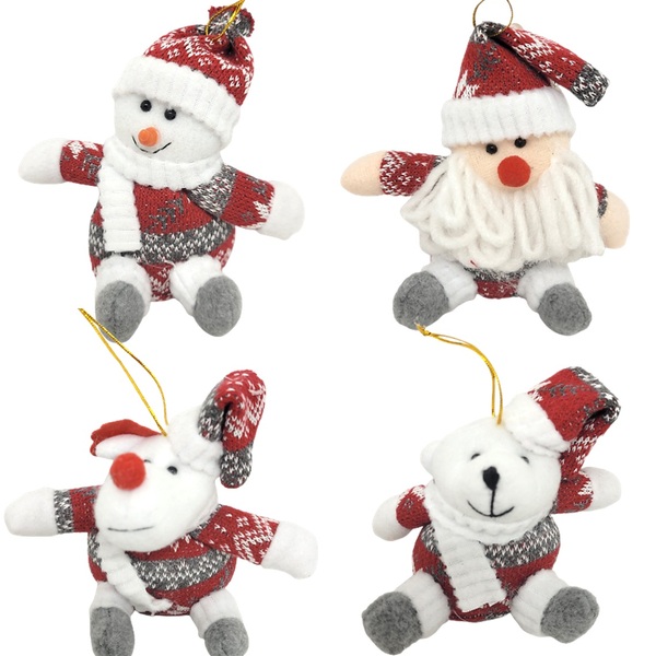 Kit 4 Bonecos Natalinos Pelúcia Pendente Vermelho E Cinza 14c