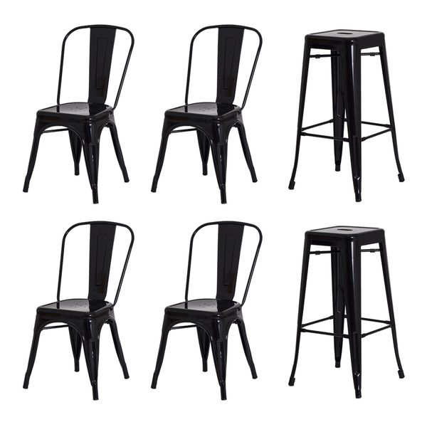 Kit 4 Cadeiras + 2 Banquetas Tolix Iron Design Preta Aço Indu