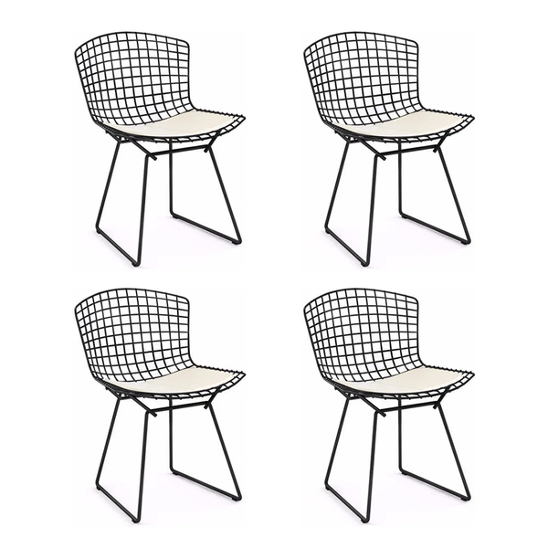 Kit 4 Cadeiras Bertoia Preta Com Assento Branco