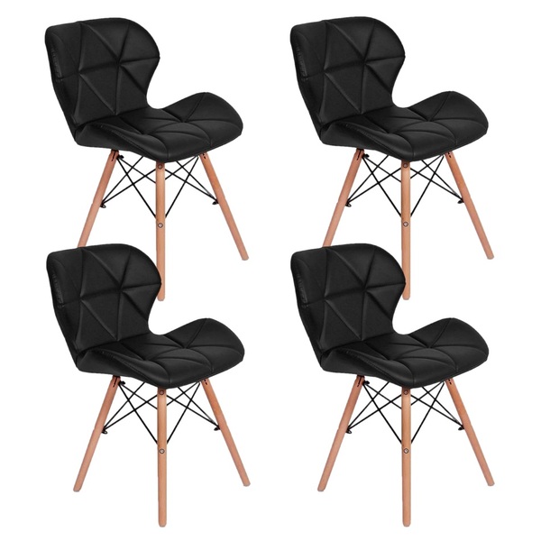 Kit 4 Cadeiras Charles Eames Eiffel Slim Wood Estofada - Preta