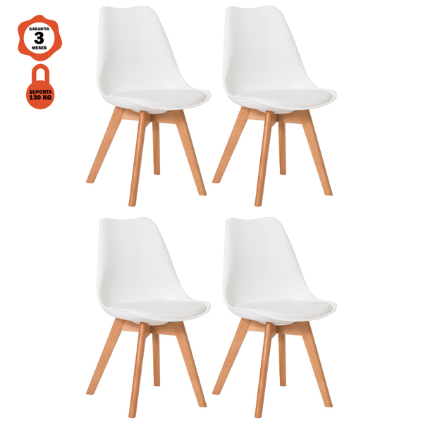 Kit 4 Cadeiras Eames Leda Base Madeira Sem Braço Branco