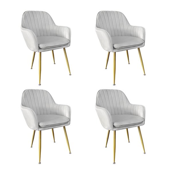 Kit 4 Cadeiras Poltrona Lines Com Pés Dourados Suede Cinza