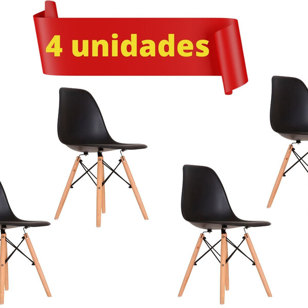 Kit 4 Cadeiras Preta Com Pés De Madeira  Decorativas Eiffel C