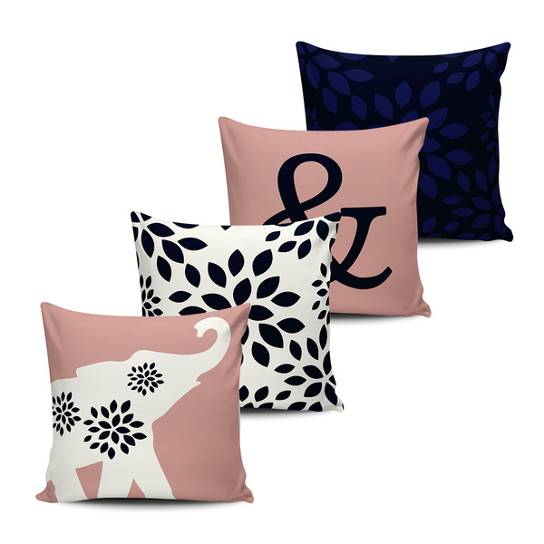 Kit 4 Capas Almofada Elefante Floral Azul E Rose 45x45cm