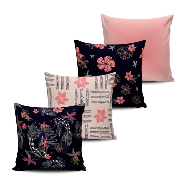 Kit 4 Capas Almofadas Decoração Estilo Japonês 45x45cm