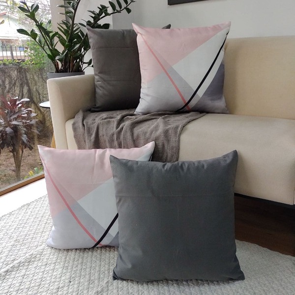 Kit 4 Capas De Almofada Geométrica Rosa Cinza Grafite