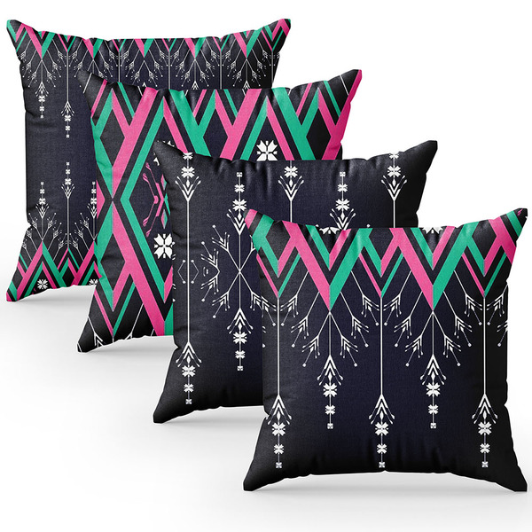 Kit 4 Capas De Almofada Preto Estampa Étnico Rosa E Verde Águ