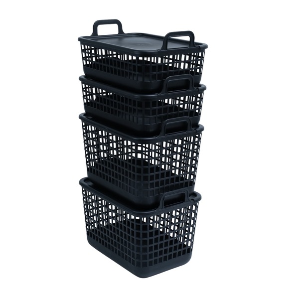 Kit 4 Cestos Telados De Plástico C/ Tampa 2p/2m Preto– Oikos
