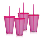 Kit 4 Copos Com Tampa E Canudo Rosa Acrílico Ps