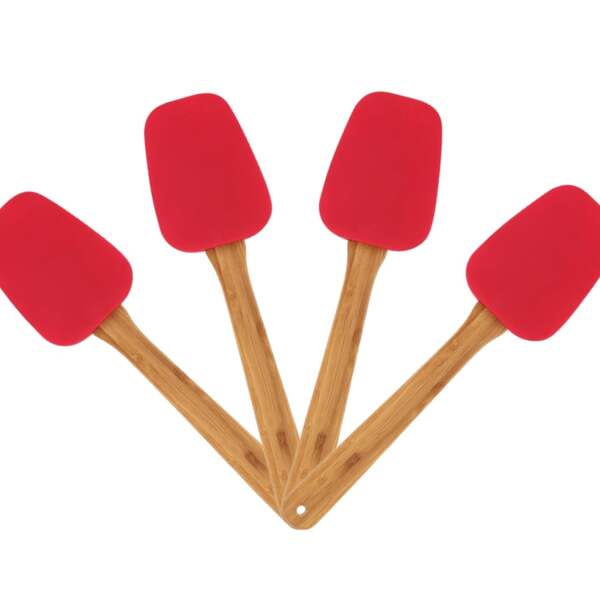 Kit 4 Espátulas Oval De Silicone Cabo De Bamboo Mor Vermelho