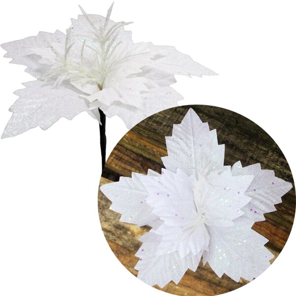 Kit 4 Flores Artificial Gliter Branco Enfeite Natalino 25cm