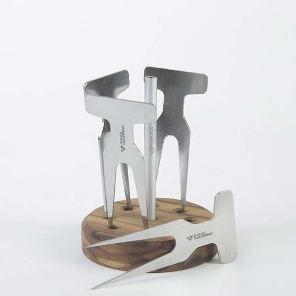 Kit 4 Garfos Petisco Carnes Inox + Base Madeira Teca