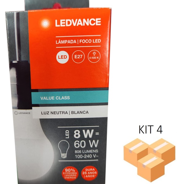 Kit 4 Lâmpadas Led Bulbo 8w 4000k E27 Bivolt - Ledvance