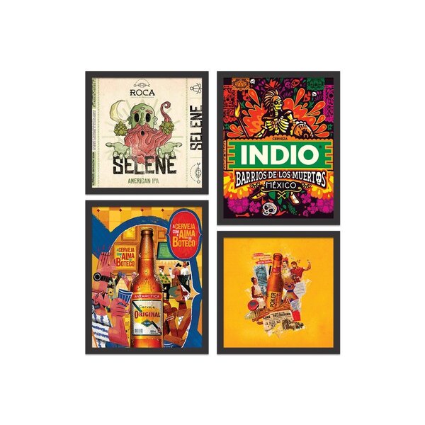Kit 4 Mini Quadros Cervejas Diversas Preto