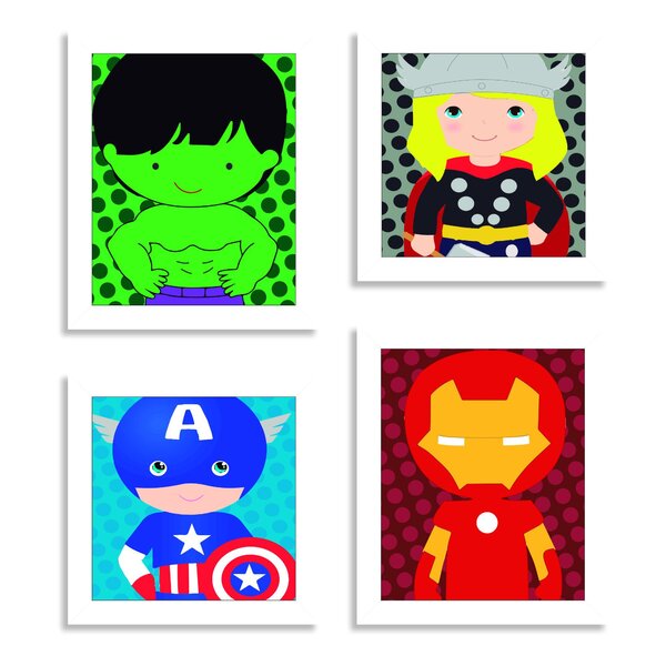 Kit 4 Mini Quadros Infantil Super Heróis Branco