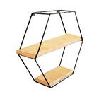 Kit 4 Nicho Prateleira Aramado Metal Preto E Madeira Hexagona