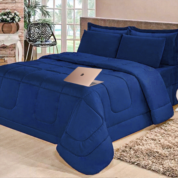 Kit 4 Pçs Edredom + Jogo Lençol Dupla Face Solteiro Casen Azul