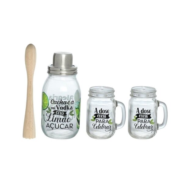 Kit 4 Peças Caipirinha Coqueteleira Completa Vidro Transparen