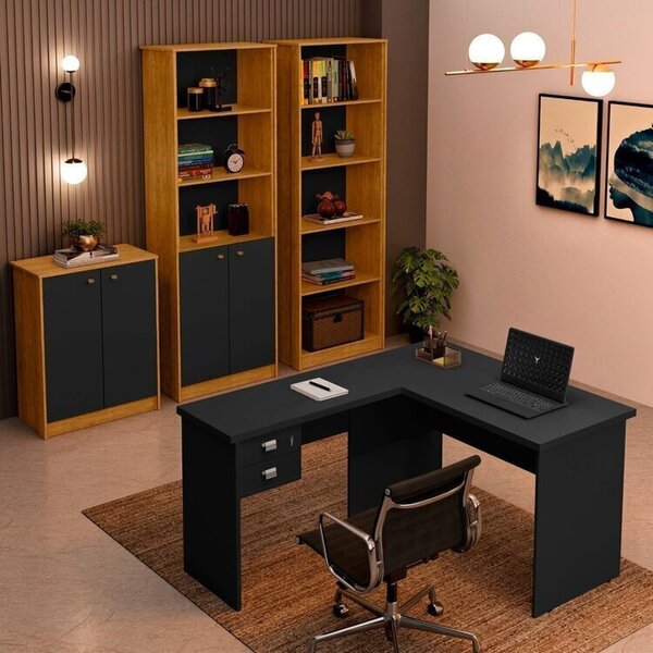 Kit 4 Peças Com 1 Mesa L 1 Armário 1 Estante Uma Porta 1 Esta