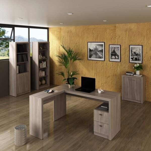 Kit 4 Peças Com 1 Mesa Para Escritório Em L, 2 Estantes E 1 A