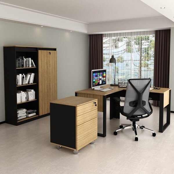 Kit 4 Peças Com Escrivaninha Em L, Gaveteiro, Estante E Armár