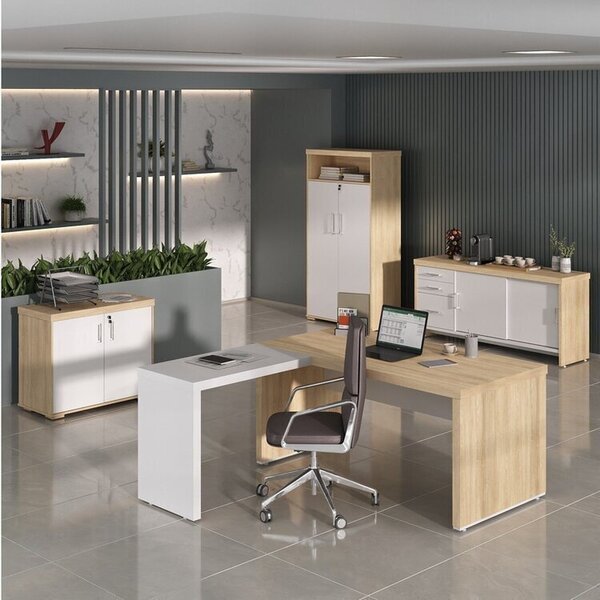 Kit 4 Peças Com Mesa Para Escritório Diretor Em L, Armário Mu