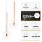 Kit 4 Pendente Lux Cobre Rose Gold Globo Vidro + Led