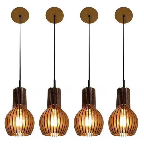 Kit 4 Pendente Madeira Gota P 19x11.5cm Natural Bivolt