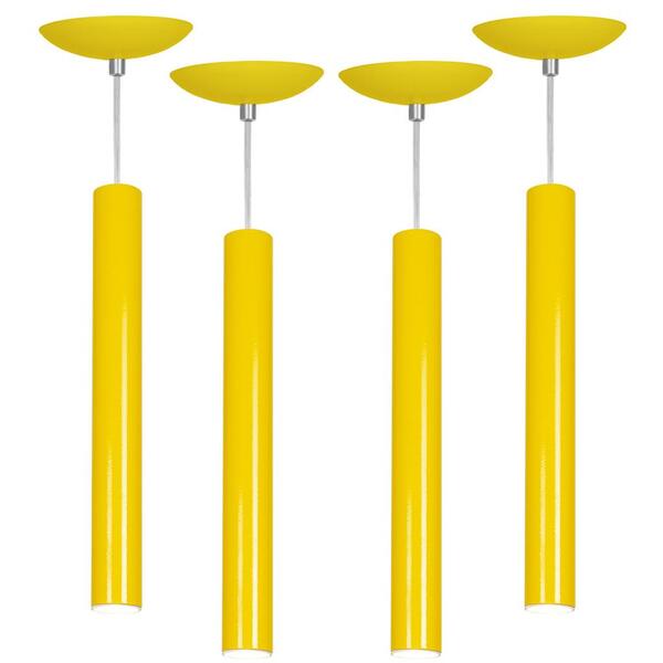 Kit 4 Pendente Tubo Cilindro Amarelo 40cm + Led 6k