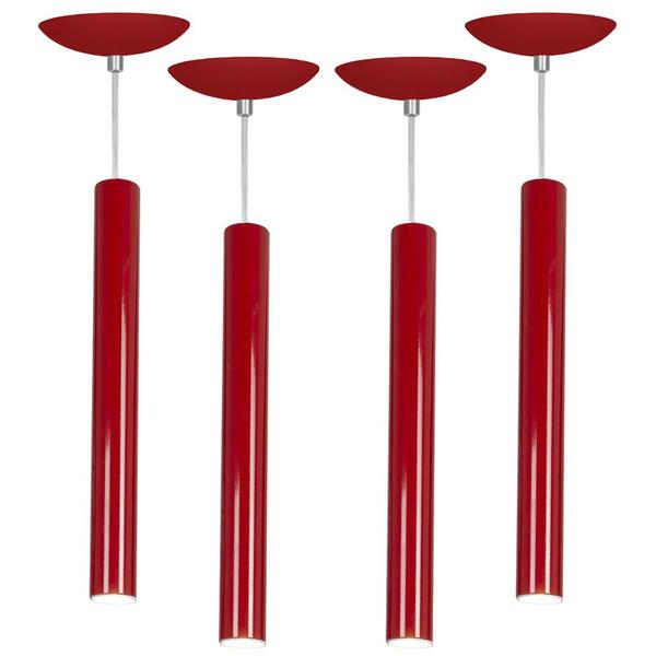 Kit 4 Pendente Tubo Cilindro Vermelho 40cm + Led 6k