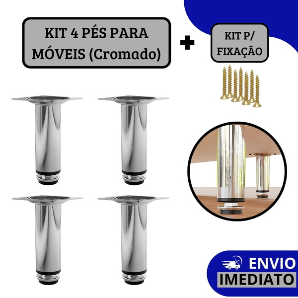 Kit 4 Pés Para Móveis Regulável Redondo Cromado 15cm