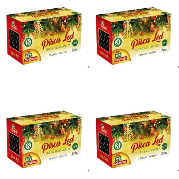 Kit 4 Pisca Pisca 100 Leds Branco Frio 8m Fio Verde - 127v