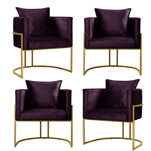 Kit 4 Poltronas Base De Metal Dourado Decorativas Luna Roxo