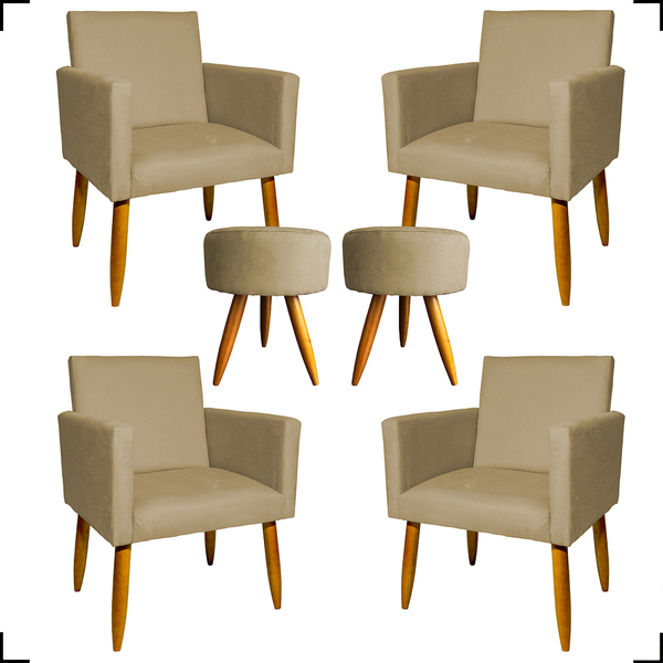 Kit 4 Poltronas Decorativas Para Sala Nina + 2 Puff Redondo S