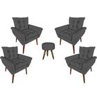 Kit 4 Poltronas Turmalina Com Puff Redondoo Suede Cinza
