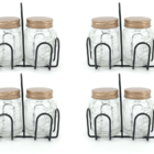 Kit 4 Porta Condimento Duplo De Vidro Com Suporte Aramado E T