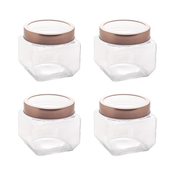 Kit 4 Pote De Vidro Quadrado C/ Tampa Rose Gold 0 8l - Lyor