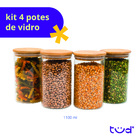 Kit 4 Potes De Vidro 1,1l Tampa De Bambu Herméticos Redondos