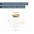 Kit 4 Potes De Vidro Empilhável Hermético Tampa Bambu 600ml N