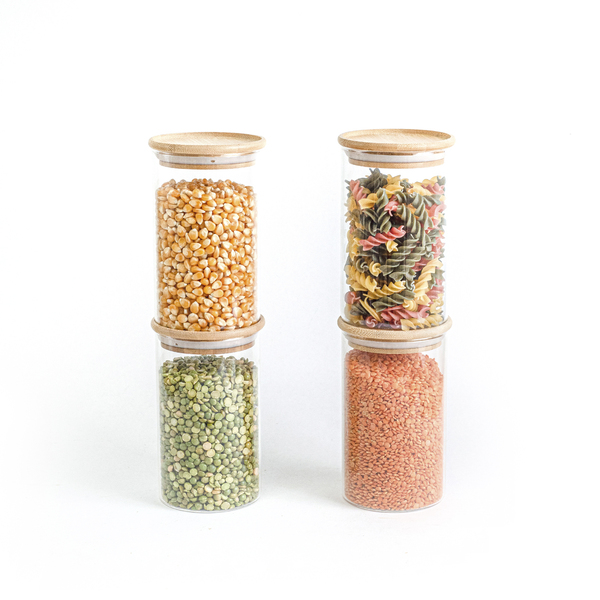 Kit 4 Potes De Vidro Empilhável Hermético Tampa Bambu 600ml N