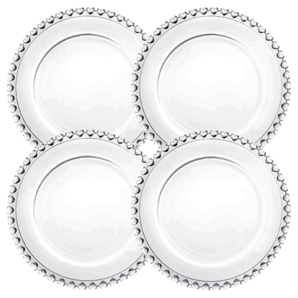 Kit 4 Pratos Rasos Cristal Transparente Coração 28 Cm Lyor