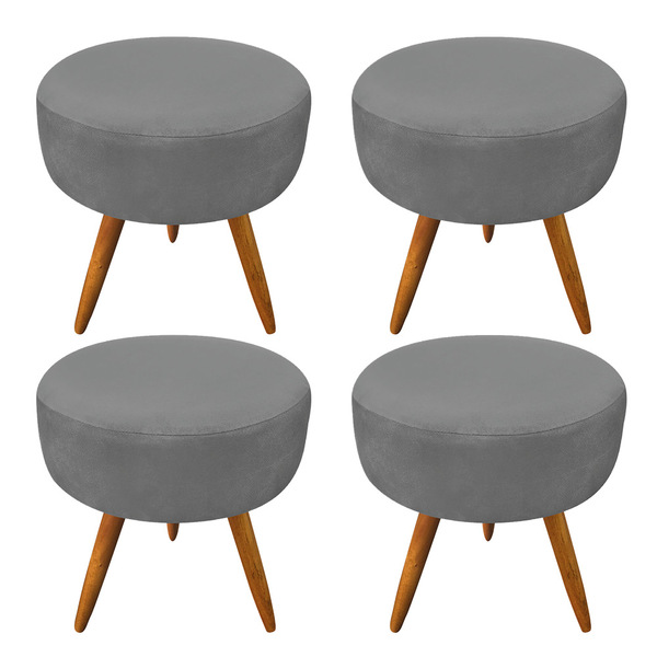 Kit 4 Puffs Banqueta Redonda Nina Suede Grafite Pés Palito Ca