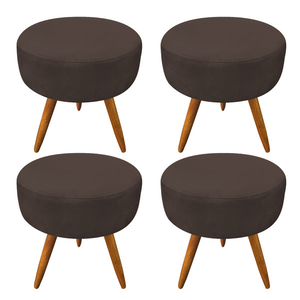 Kit 4 Puffs Banqueta Redonda Nina Suede Pés Palito Castanho -
