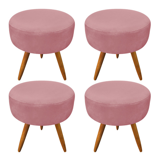 Kit 4 Puffs Banqueta Redonda Nina Suede Rosê Pés Palito Casta